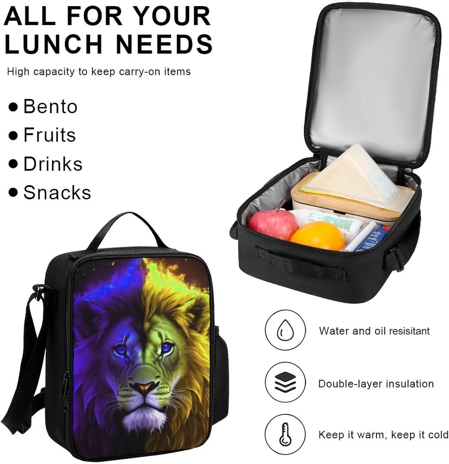 3 Piece Daypack Cool Lion Blue And Red Fire Surreal Style Art Travel Hiking Daypack - Business Multipurpose Carry On Bag Lunch Bag Pencil Case for Adults