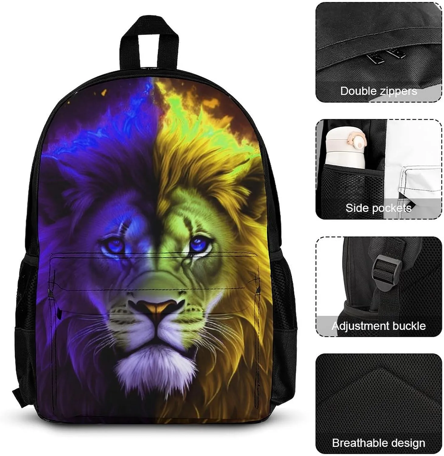 3 Piece Daypack Cool Lion Blue And Red Fire Surreal Style Art Travel Hiking Daypack - Business Multipurpose Carry On Bag Lunch Bag Pencil Case for Adults