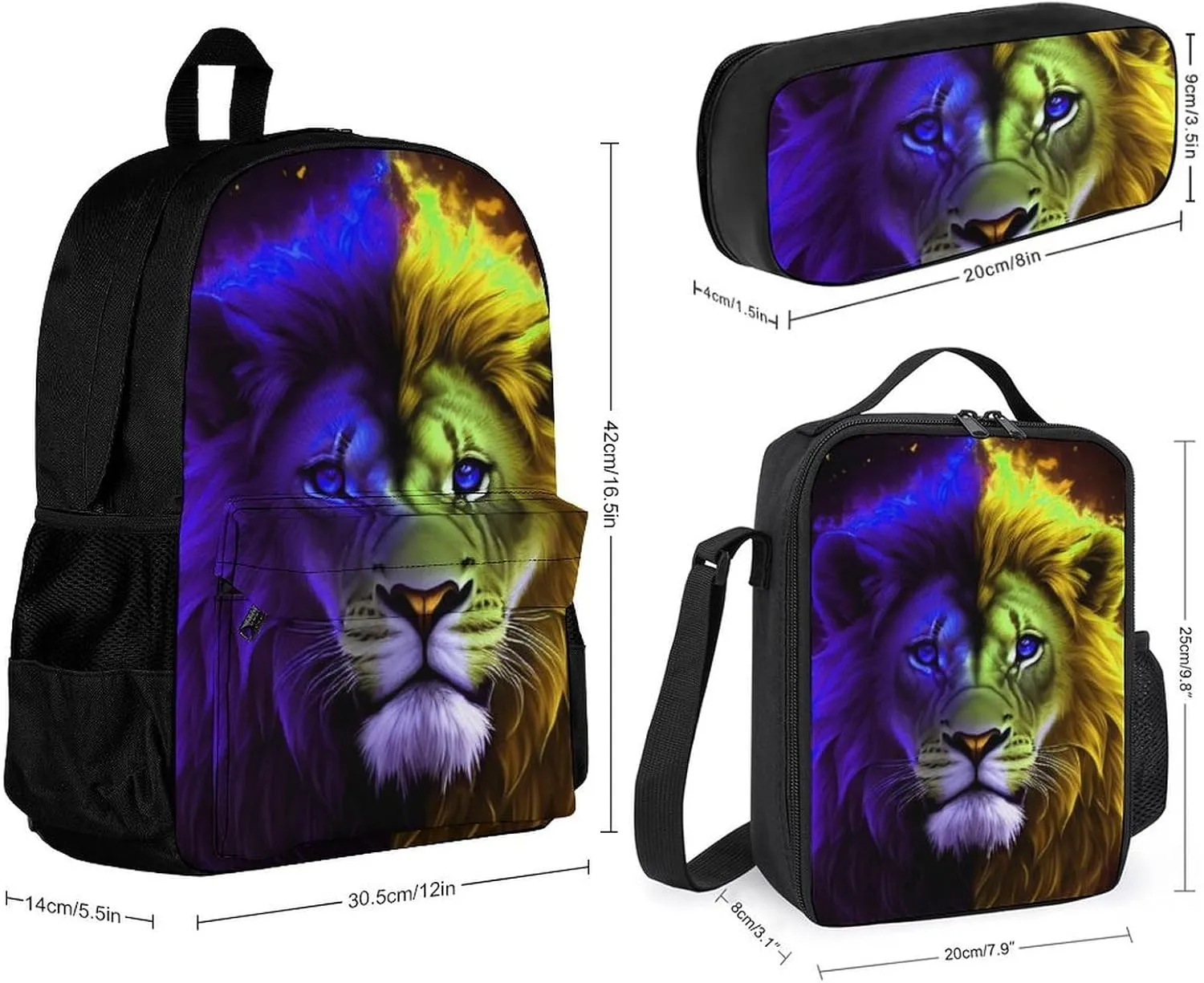 3 Piece Daypack Cool Lion Blue And Red Fire Surreal Style Art Travel Hiking Daypack - Business Multipurpose Carry On Bag Lunch Bag Pencil Case for Adults