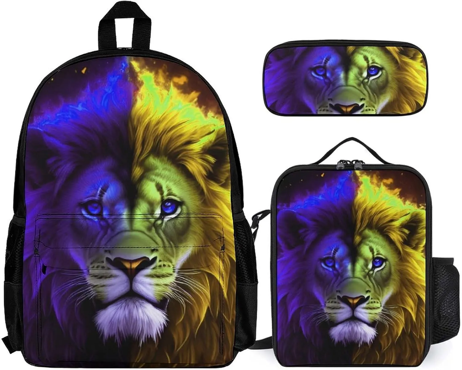 3 Piece Daypack Cool Lion Blue And Red Fire Surreal Style Art Travel Hiking Daypack - Business Multipurpose Carry On Bag Lunch Bag Pencil Case for Adults