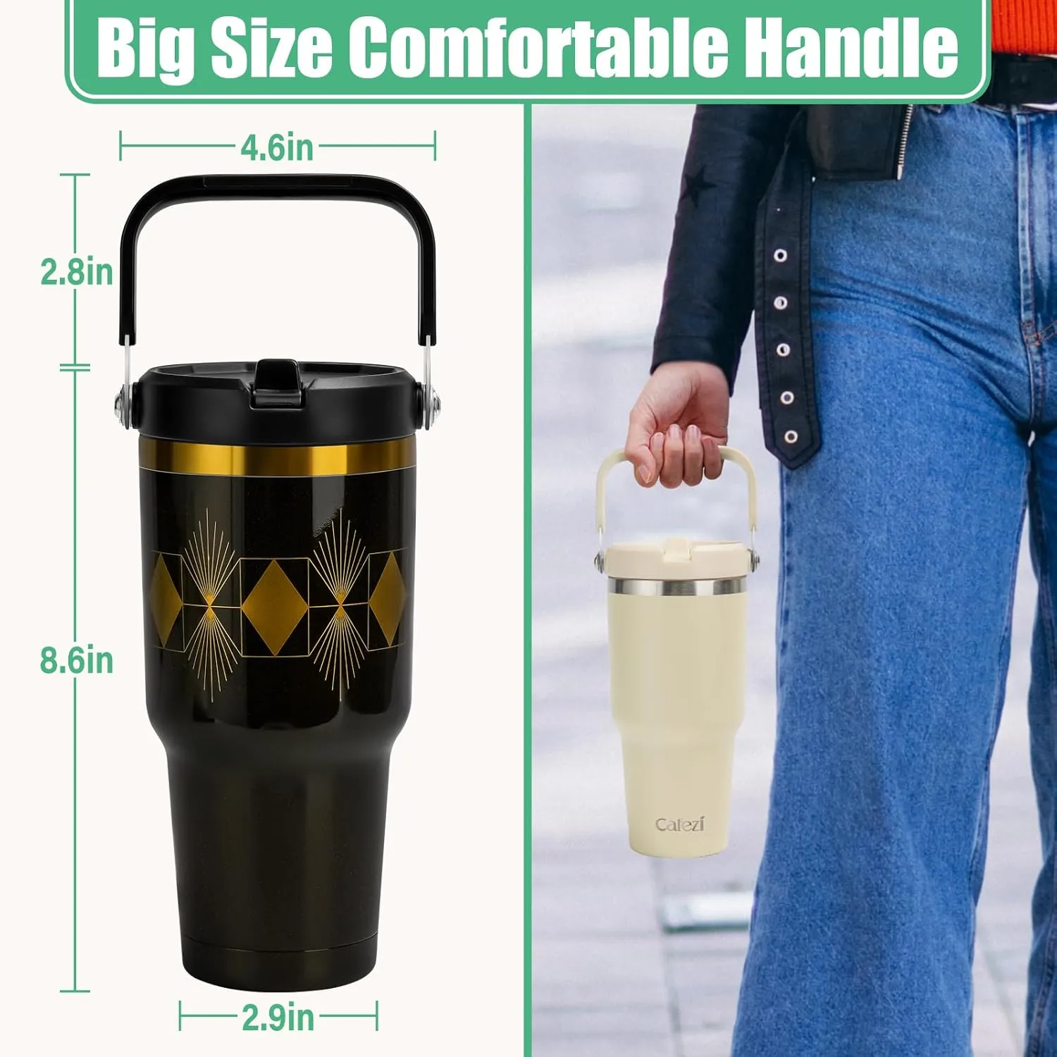 30oz Tumbler with Handle and Straw, Vacuum Insulated Tumblers with Flip Straw and Top Handle, Reusable Insulated Cup for Home, Outdoors, Leakproof, Fits in Cup Holder, Cold for 30 Hours