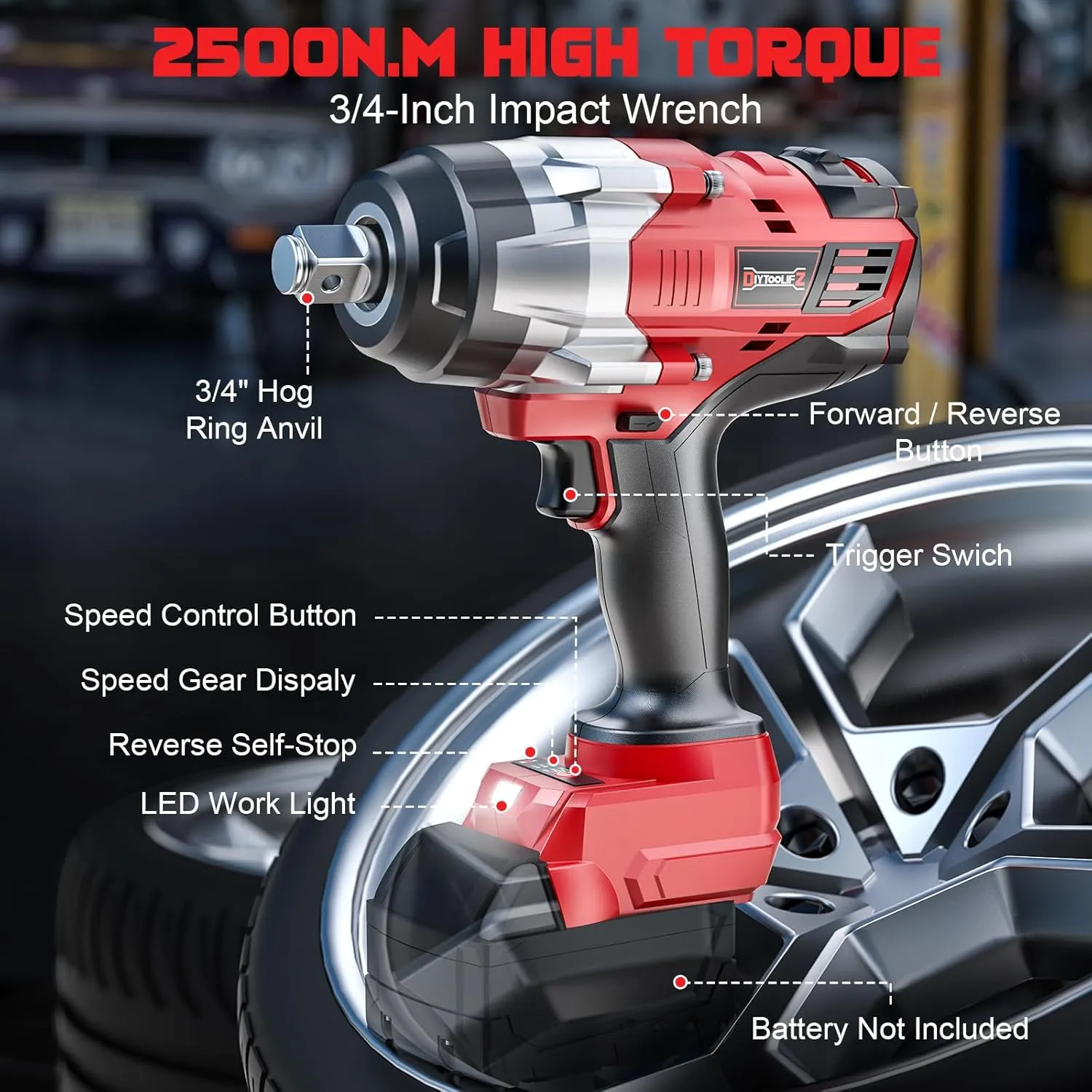 3/4" Impact Wrench for Milwaukee 18V Battery: 1850FT-LBS(2500N.m) High Torque Impact Driver, 4-Speed Heavy Duty Cordless Impact with Auto-Stop Reverse for Car/Truck/Home/Mower(No Battery)