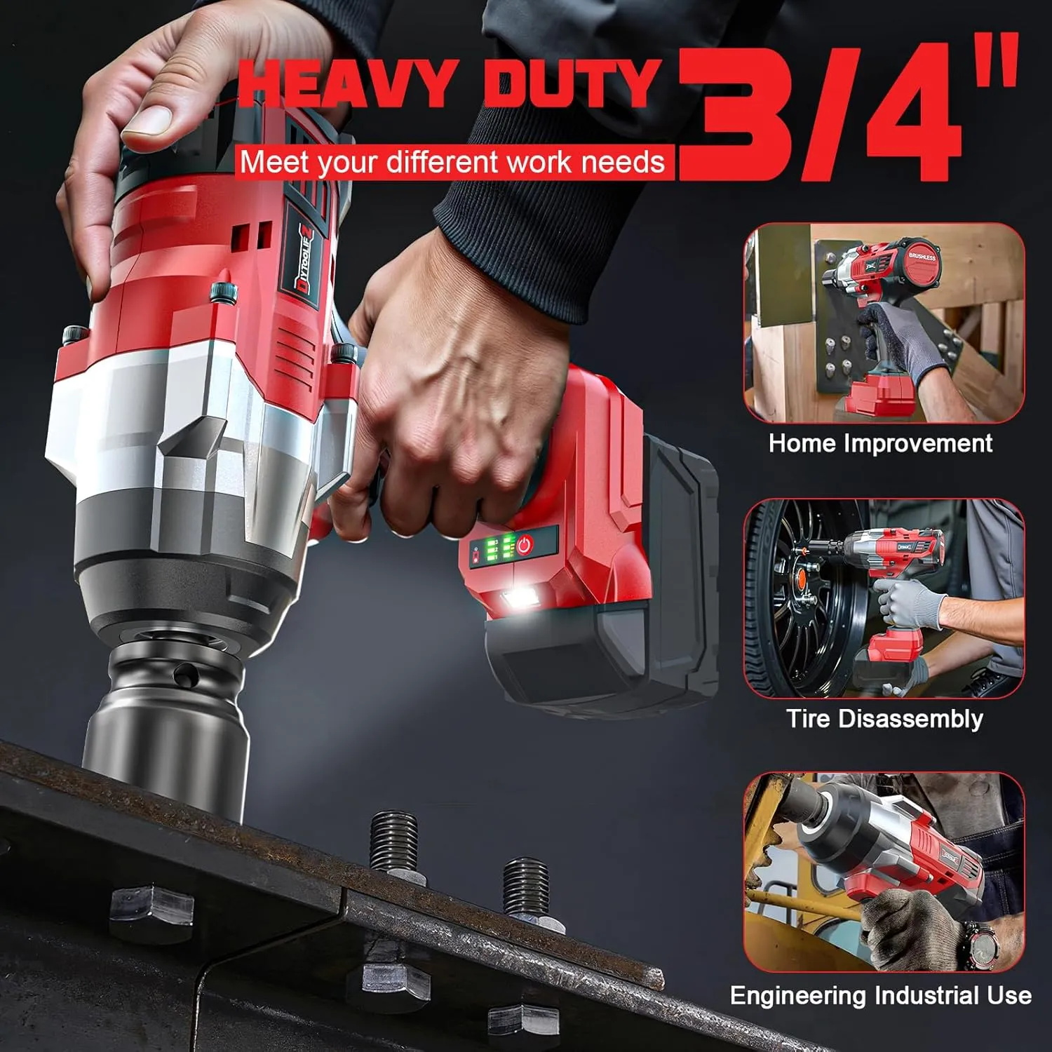 3/4" Impact Wrench for Milwaukee 18V Battery: 1850FT-LBS(2500N.m) High Torque Impact Driver, 4-Speed Heavy Duty Cordless Impact with Auto-Stop Reverse for Car/Truck/Home/Mower(No Battery)