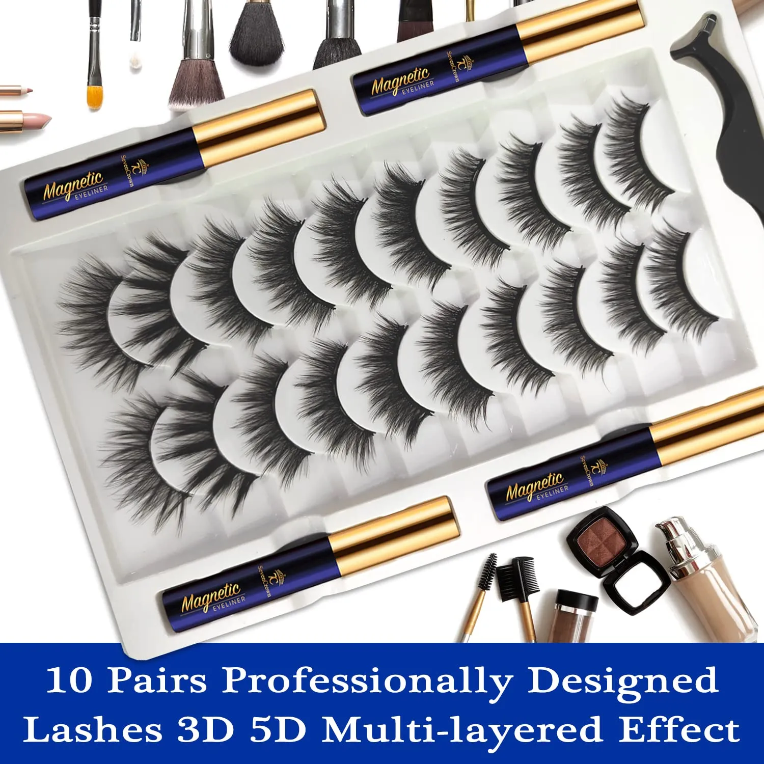 3D Magnetic Eyelashes 7C SevenCrown Magnetic Lashes with Eyeliner,Natural Looking, Lightweight,Long Lasting,High Volume,Reusable Faux mink lashes Easy to Apply 10 Pairs