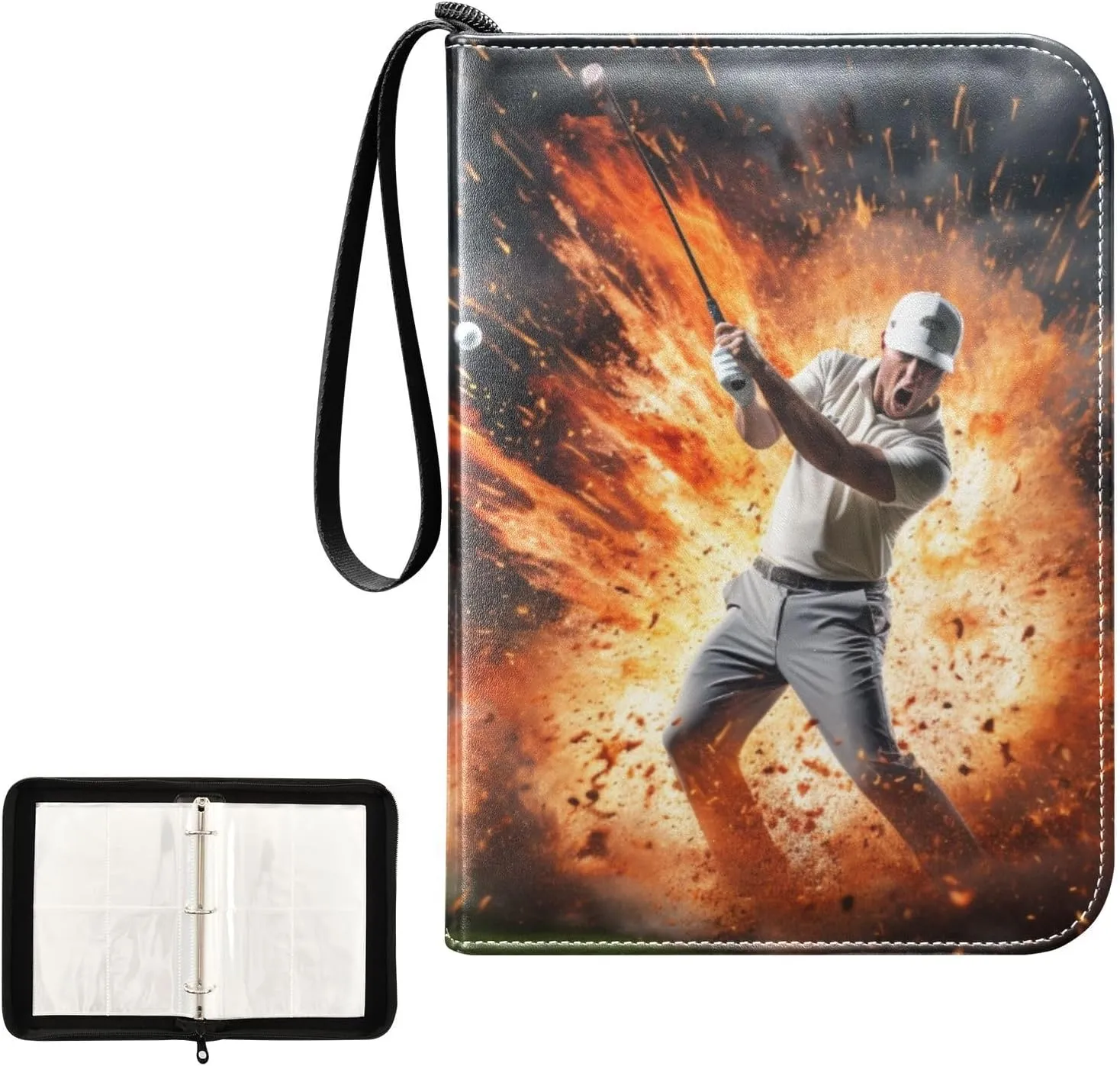 4 Pockets Trading Card Album Holder Book Folder Sports Card Binder Golf Fire 400 Double Side Pockets for 3 Ring Binder Zipper