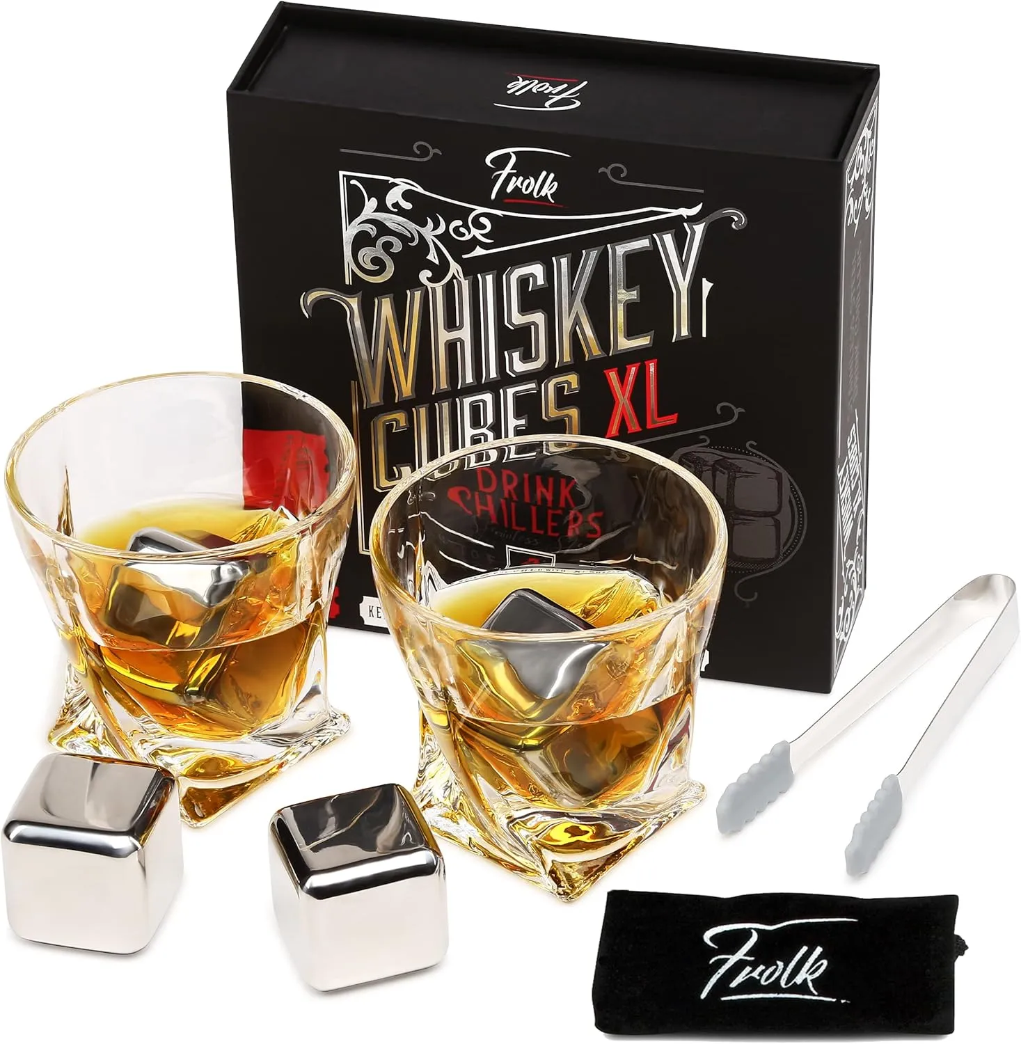 4 XL Stainless Steel Whisky Ice Cubes, Special Tongs & Freezer Pouch in Luxury Gift Box for Whiskey Lovers!