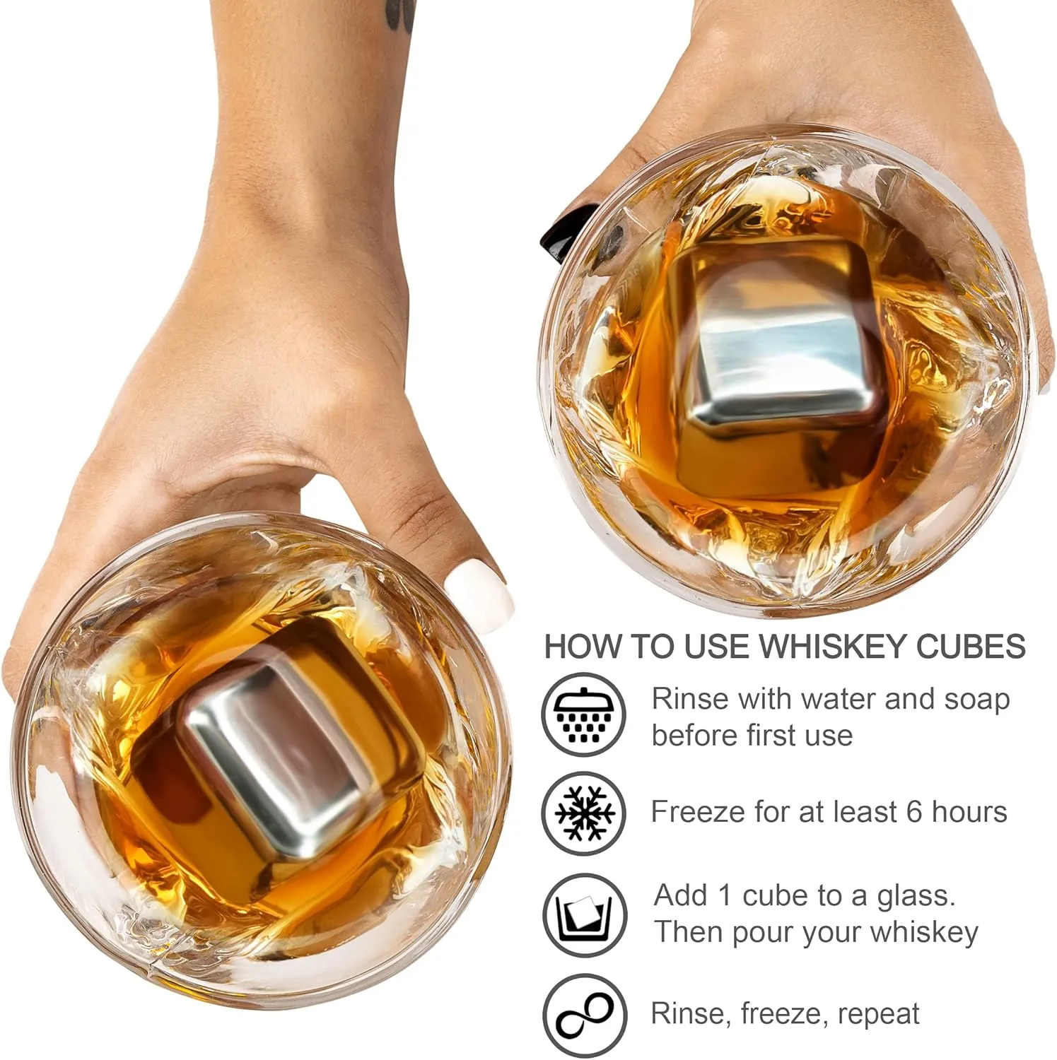 4 XL Stainless Steel Whisky Ice Cubes, Special Tongs & Freezer Pouch in Luxury Gift Box for Whiskey Lovers!