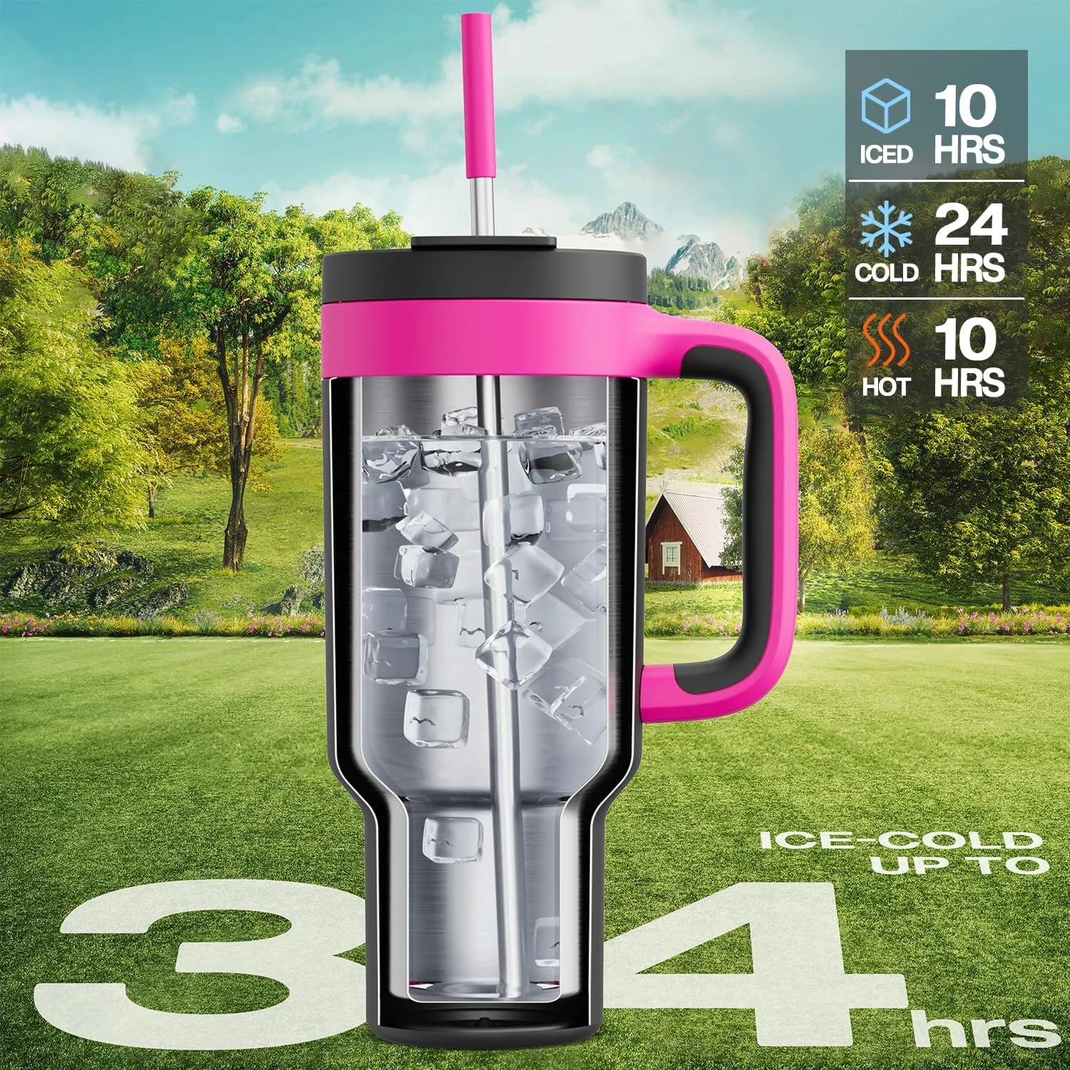 40 oz Tumbler with Handle, 2-in-1 Straw and Sip Lid, Leakproof, Dishwasher Safe, Insulated Stainless Steel Travel Coffee Mug, Keeps Cold for 34 Hours, Fits in Car Cup Holder (Berry)