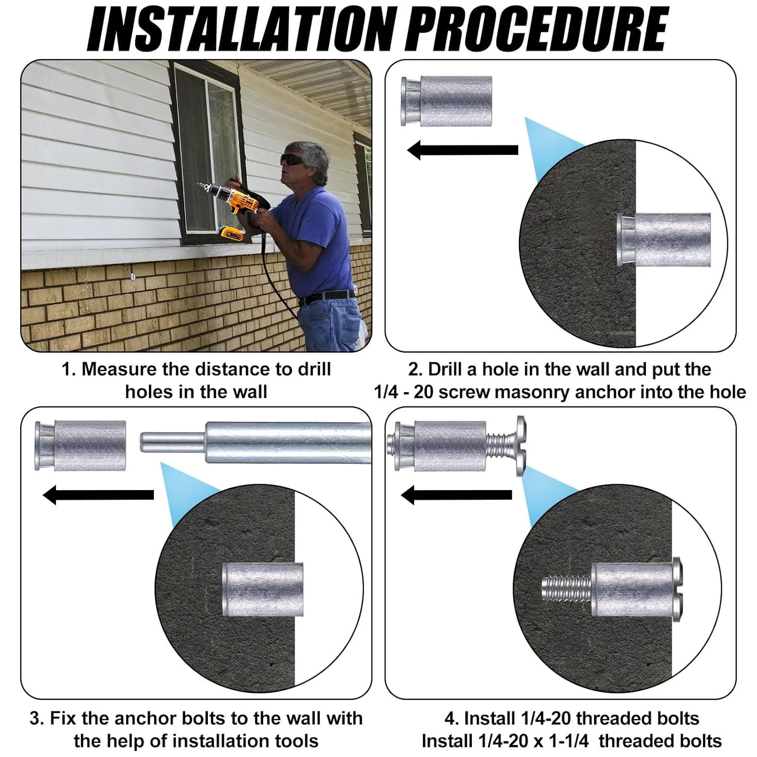 49 Piece Kit - Hurricane Shutter Hardware Hurricane Sidewalk Bolt Kit 18-8 Hardware Stainless Steel Bolt Combo with Masonry Anchors & Set Tool for Masonry Walls(1/4-20 x 1-1/4 Inch)