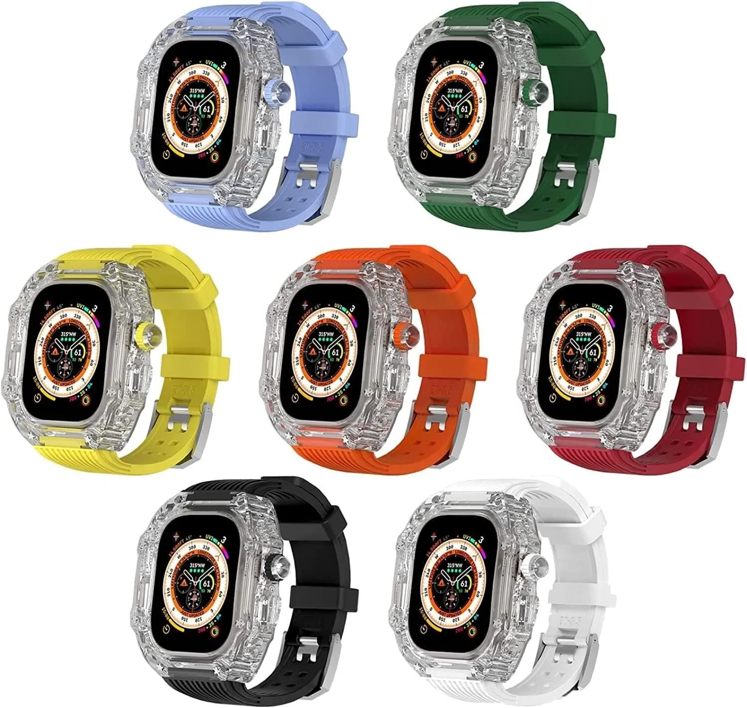 49mm Clear Transparent Case Mod Kit Men Silicone Bands，Compatible with Apple Watch Series 8 45mm, Hard PC Cover Replacement Strap Upgrade Rm Style Watch Accessories，For watch Series 7 44mm