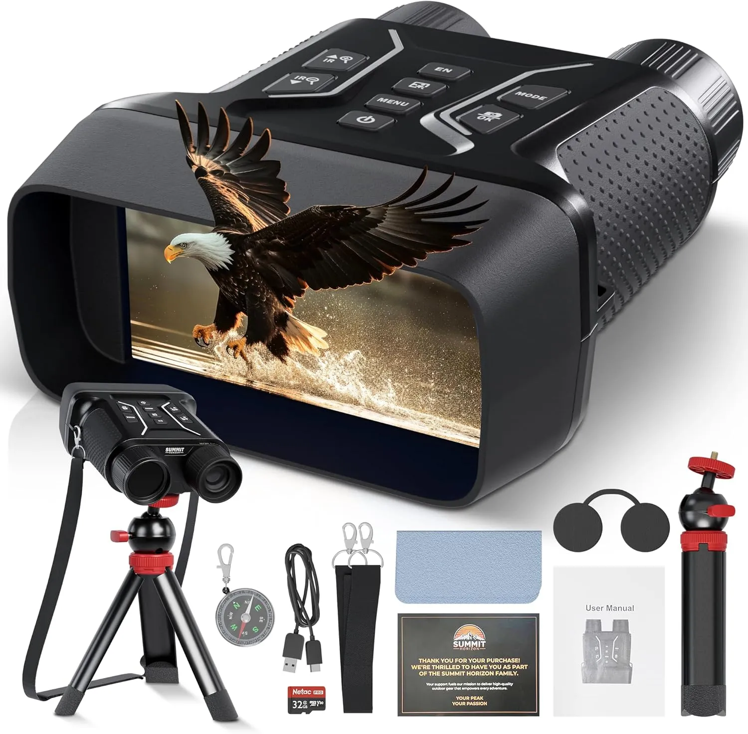 4k Night Vision Goggles for Adults - Hunting Night Vision Binoculars with Camera, Tripod, 32GB SD Card, Compass - 8X Zoom Infrared Goggles Digital Binoculars, Nightvision for Camp