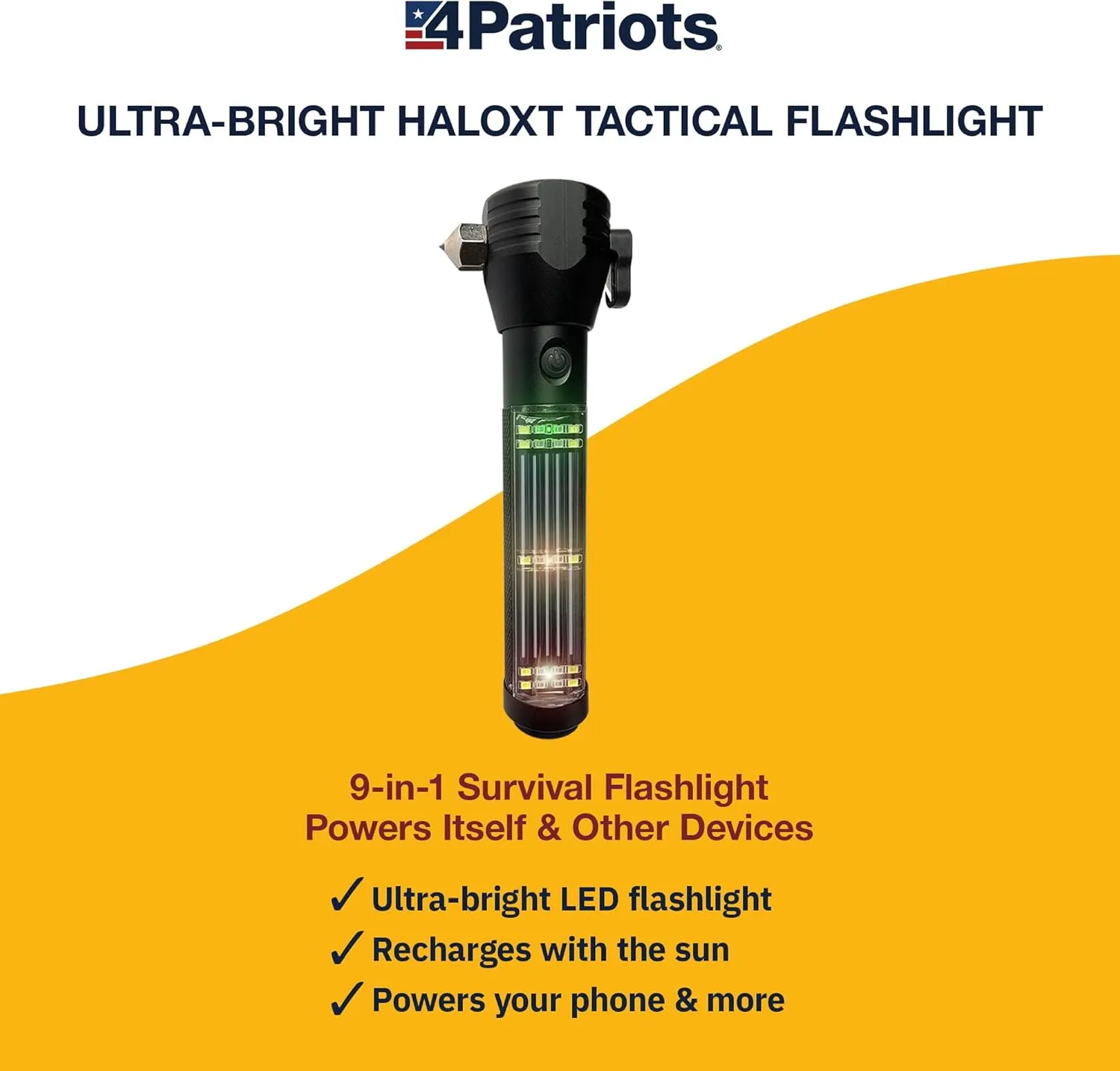 4Patriots HaloXT Rechargeable LED Flashlight, Ultra-Powerful 2000 mAh Battery, 3 Light Modes, Built-In Survival Tools
