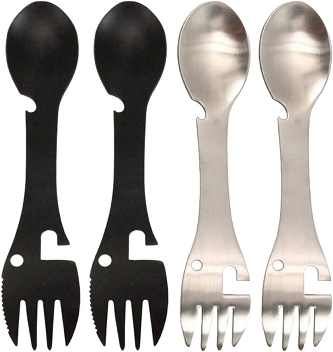 4Pcs Multi Functional Stainless Steel Camping Utensils Sporks with Bottle Can Openers for Outdoor Activities Hiking Backpacking Picnics Durable