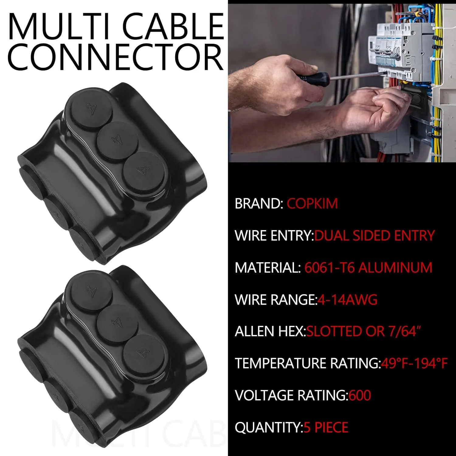 5 Pack Black Multi Cable Connector Insulated Multi Tap Connector 3 Wire Port Splice Dual Sided Entry Prefilled with Oxide Inhibitor (4-14awg)