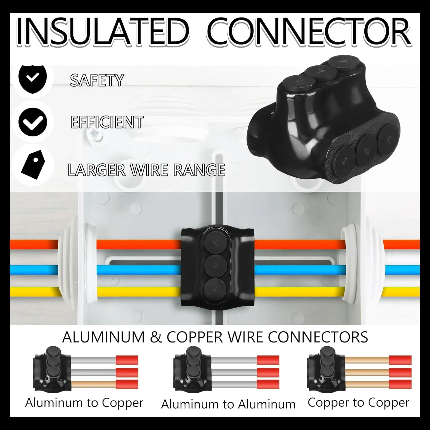 5 Pack Black Multi Cable Connector Insulated Multi Tap Connector 3 Wire Port Splice Dual Sided Entry Prefilled with Oxide Inhibitor (4-14awg)
