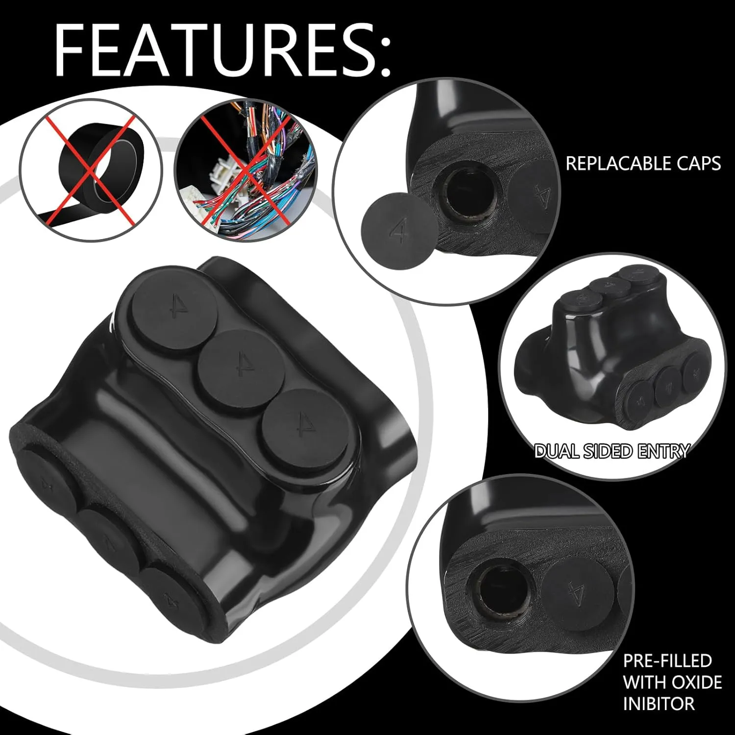 5 Pack Black Multi Cable Connector Insulated Multi Tap Connector 3 Wire Port Splice Dual Sided Entry Prefilled with Oxide Inhibitor (4-14awg)