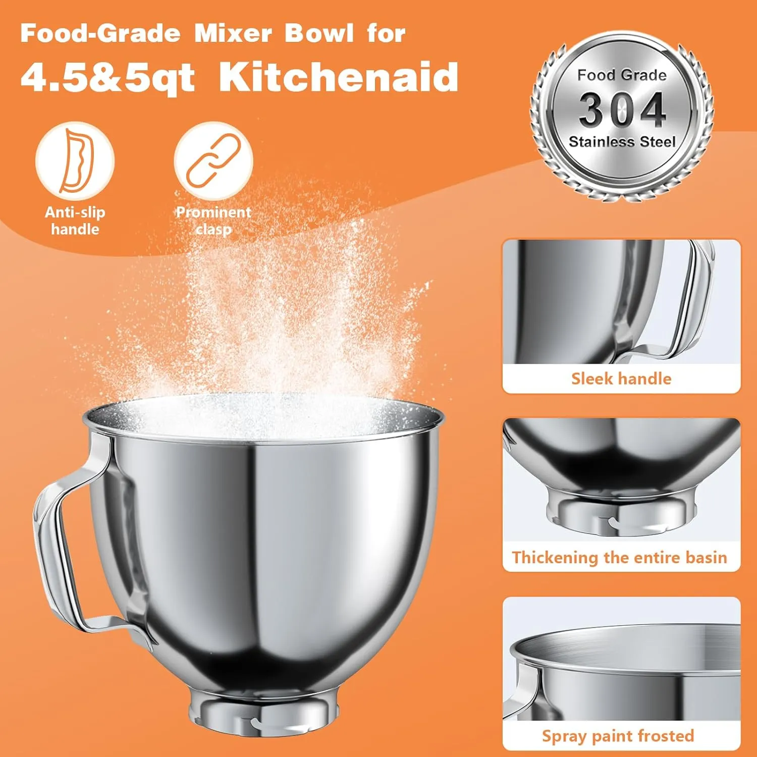 5 QT Food-Grade Stainless Steel Mixer Bowl Compatible With KITCHENAID TILT-HEAD STAND MIXERS 4.5-5 Quart, with Anti-slip handle & Prominent Clasp, Stainless Steel Polished