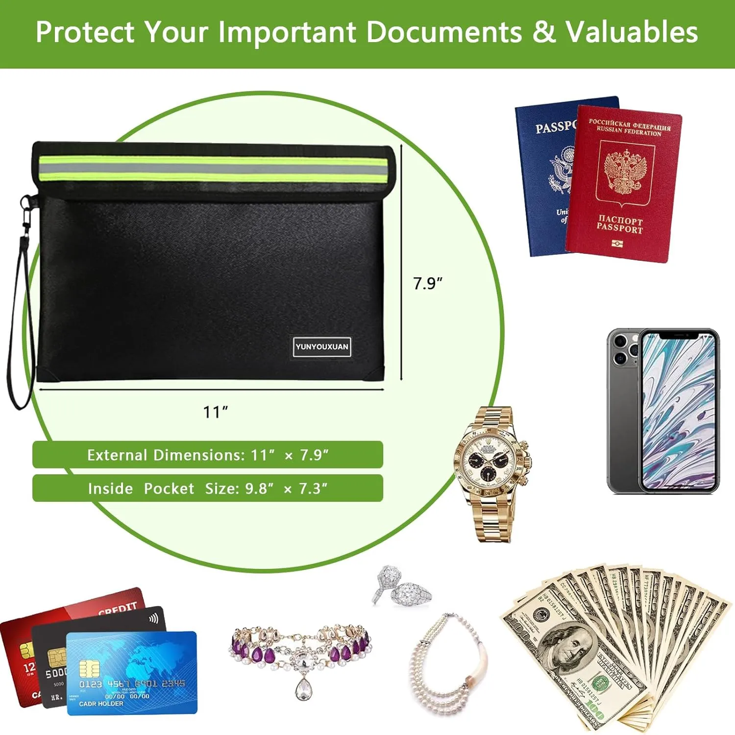 5200°F Fireproof Document Bag with Zipper (11"x7.9"), 8 Layers Fire Insulation, Fire & Water Resistant Storage Organizer Pouch for Cash, Important Papers and Valuables (Small)