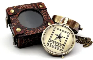 5MoonSun5's US Army Engraved Brass Military Compass Nautical Marine Compass for Army Person Survival Navigation Compass for Hiking Camping Hunting with Leather Display Case