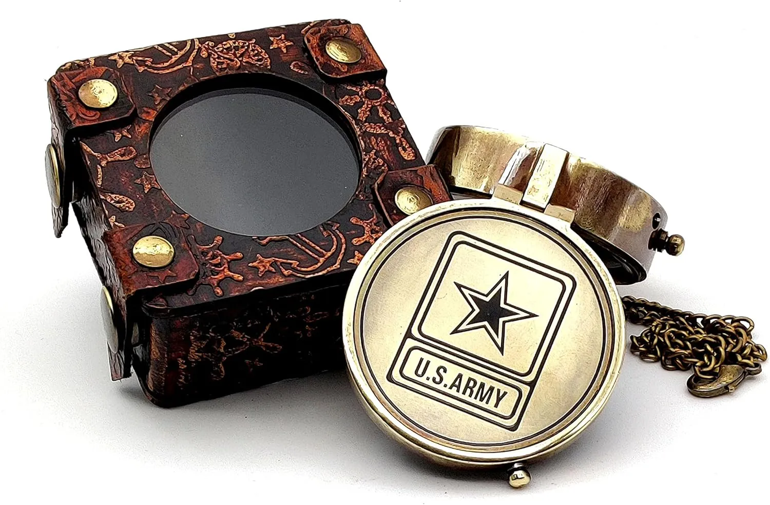 5MoonSun5's US Army Engraved Brass Military Compass Nautical Marine Compass for Army Person Survival Navigation Compass for Hiking Camping Hunting with Leather Display Case