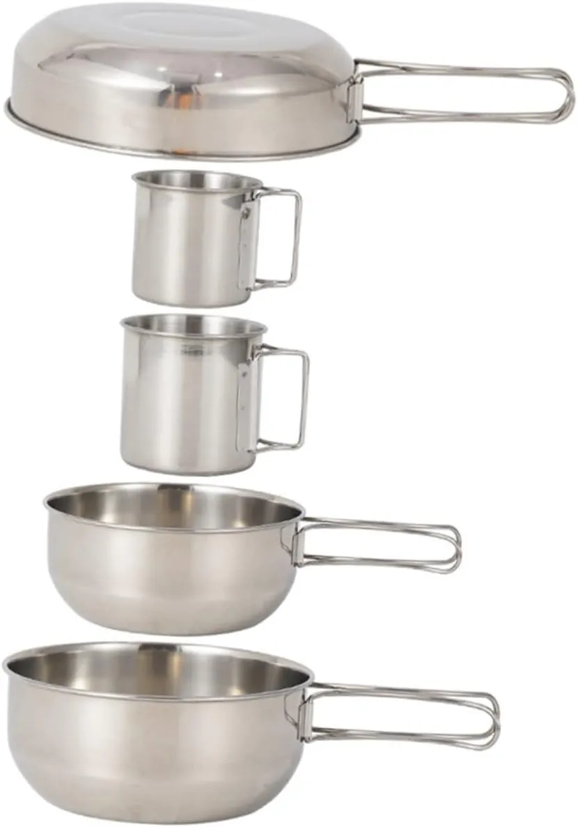 5pcs Set Stainless Steel Cup Pot Picnic Camping Tableware 304 Steel Portable Folding Design