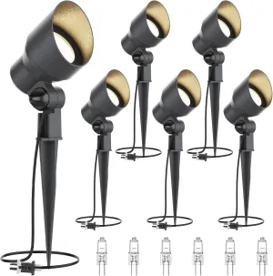 6 Pack Low Voltage Landscape Spotlight 20W Halogen Outdoor Landscape Lighting Kits 145 Lumen Black Waterproof Flood Lights 12V 2800K Warm White Metal Tree Lights for Garden & Yard