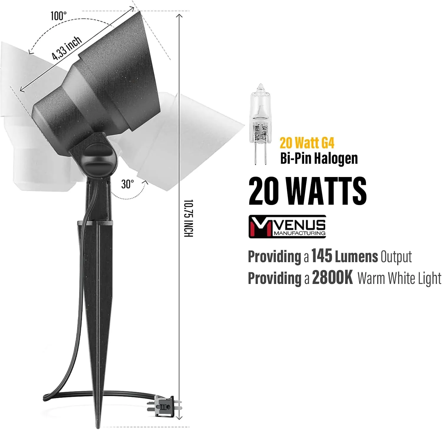 6 Pack Low Voltage Landscape Spotlight 20W Halogen Outdoor Landscape Lighting Kits 145 Lumen Black Waterproof Flood Lights 12V 2800K Warm White Metal Tree Lights for Garden & Yard