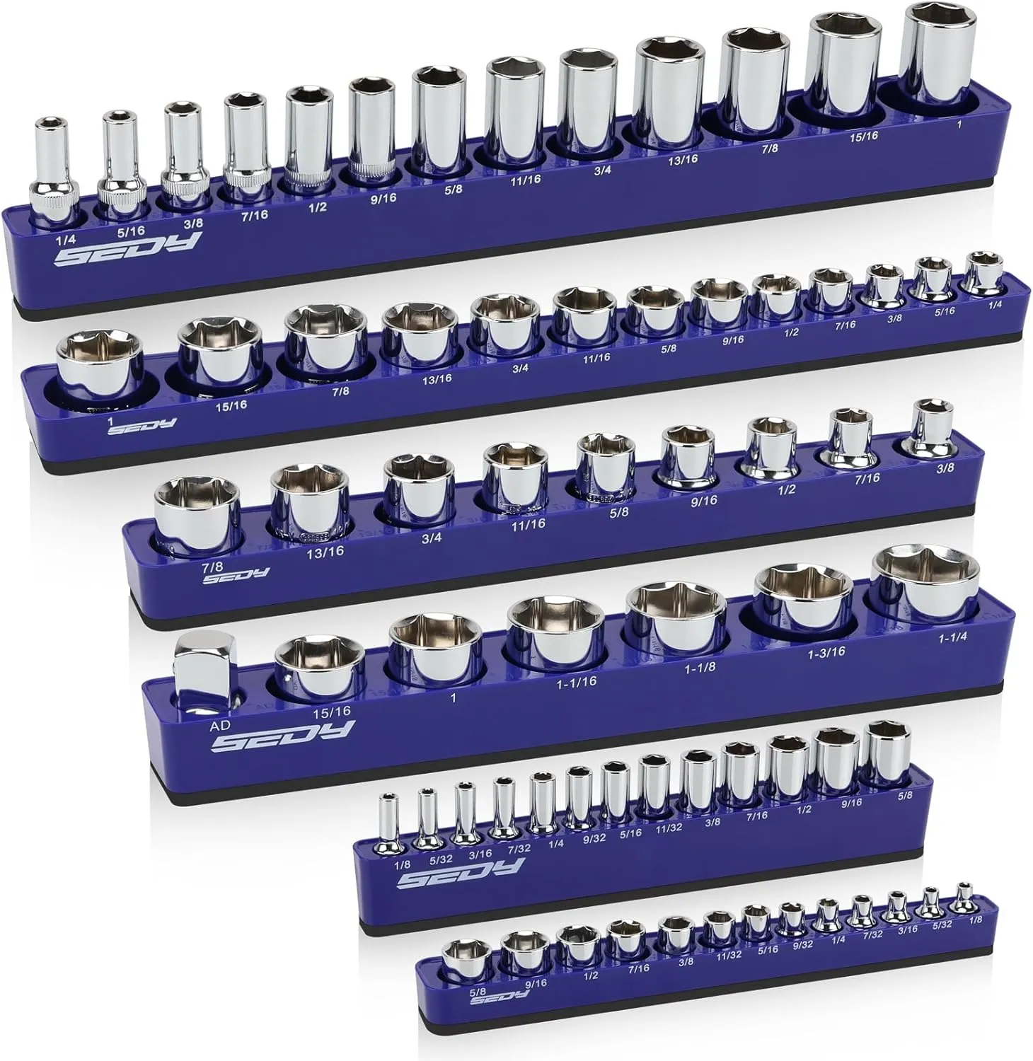 6-Piece 1/4" 3/8" 1/2"-Driver SAE Magnetic Socket Organizer Set (Holds 68 Sockets) - Detachable Tool Tray with 5mm Magnetic Base for Garage/Home Workshop(Sockets Not Included)