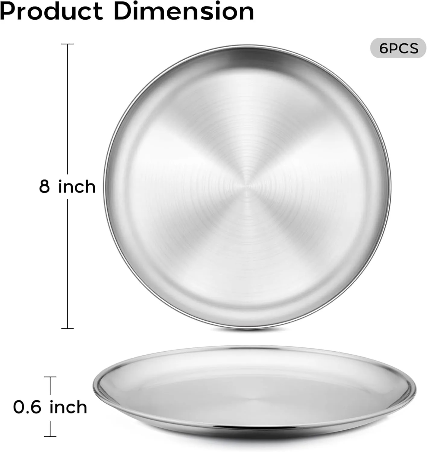 6-Piece 18/8 Stainless Steel Plates 8 Inch 304 Metal Dinner Dishes for Kids Toddlers Round Serving Plate Dishwasher Safe