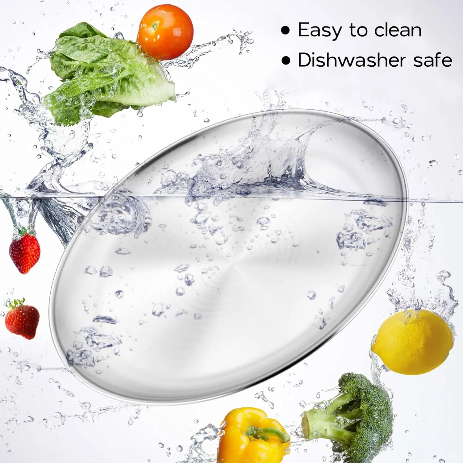 6-Piece 18/8 Stainless Steel Plates 8 Inch 304 Metal Dinner Dishes for Kids Toddlers Round Serving Plate Dishwasher Safe