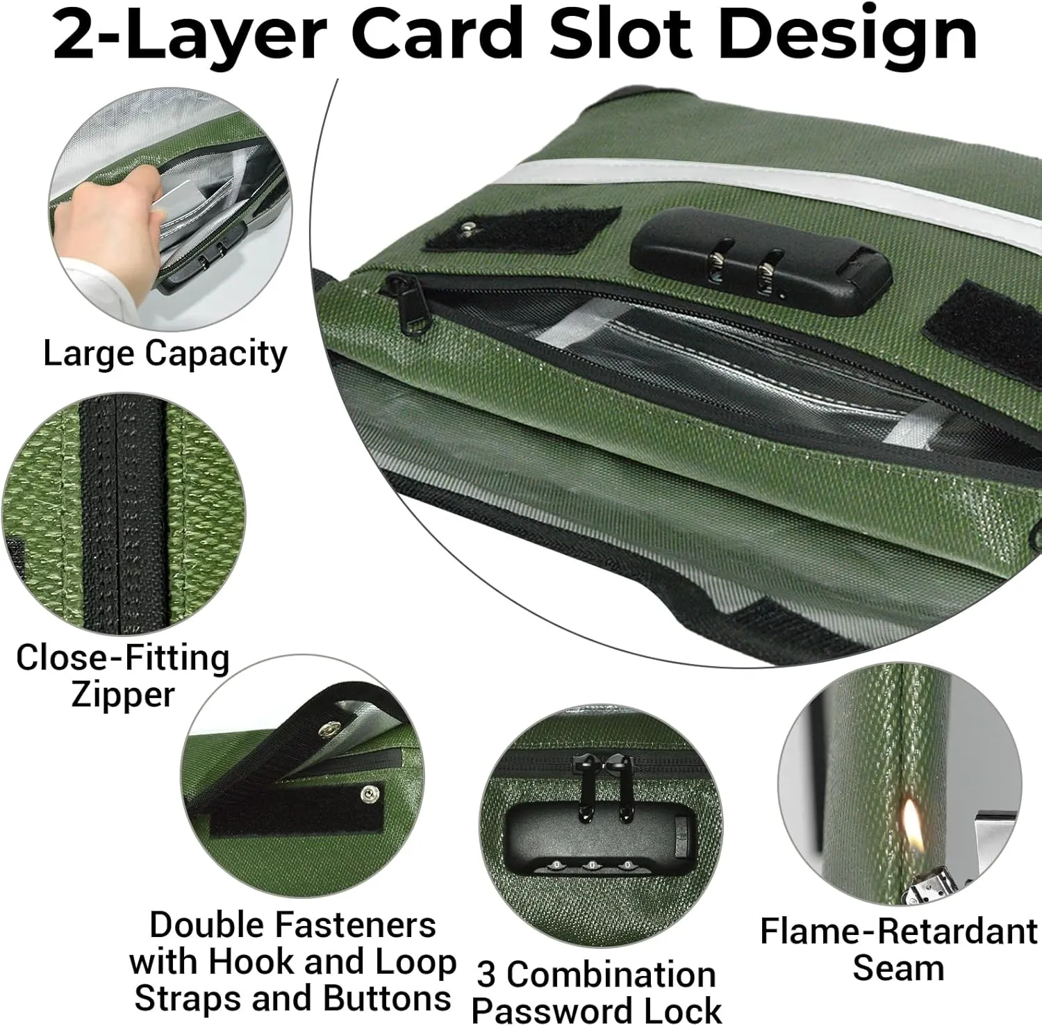 6200°F Fireproof Document Bag with Lock, 11.4 x 8.3 Inch Fire Proof Bag for Documents Storage, Water Resistant Fire Proof Money Bags with Zipper, Fireproof Pouch Cash for Envelope Green