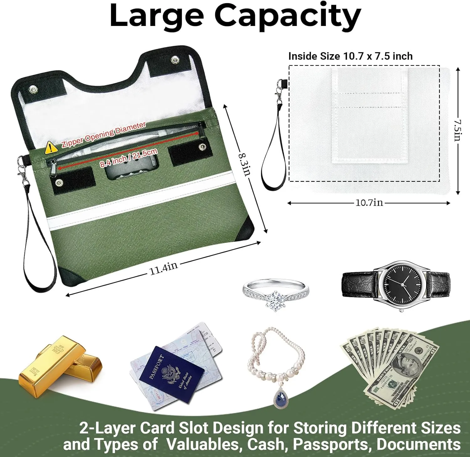 6200°F Fireproof Document Bag with Lock, 11.4 x 8.3 Inch Fire Proof Bag for Documents Storage, Water Resistant Fire Proof Money Bags with Zipper, Fireproof Pouch Cash for Envelope Green