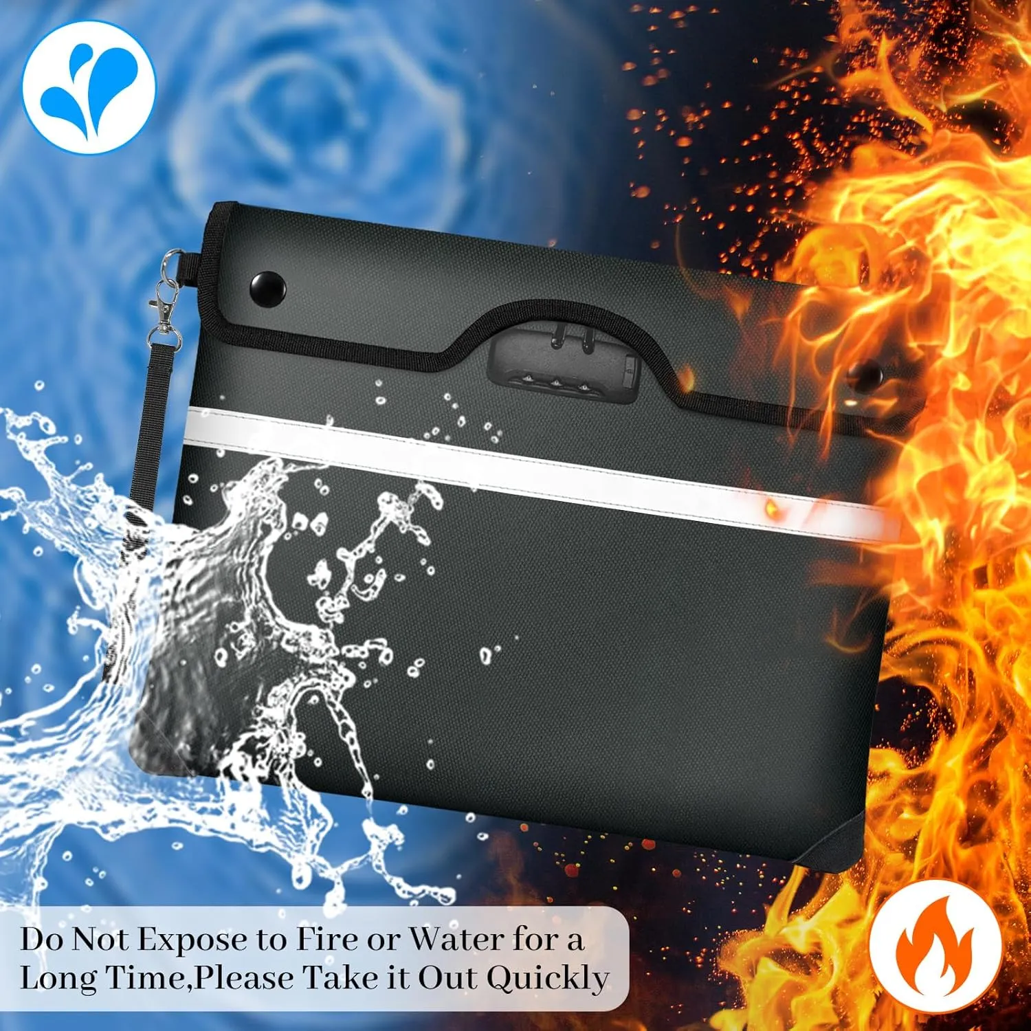 6200°F Fireproof Document Bag with Lock, 15x 11.8 Inch Fire Proof Bag for Documents with Zipper, Water Resistant Fireproof Envelope with Reflective Strip, Fireproof Money Bag Pouch Black