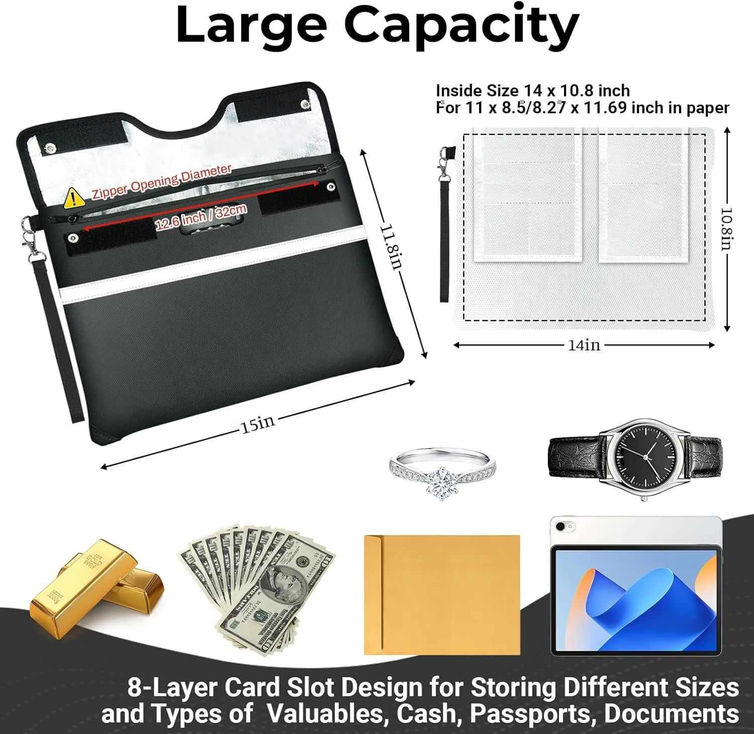 6200°F Fireproof Document Bag with Lock, 15x 11.8 Inch Fire Proof Bag for Documents with Zipper, Water Resistant Fireproof Envelope with Reflective Strip, Fireproof Money Bag Pouch Black