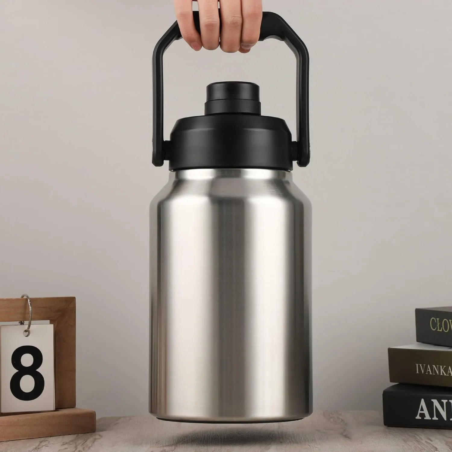 64oz 128oz Wide Mouth Insulated Vacuum Water Bottle Jug With Handle, Gallon Stainless Steel Ice Bucket Travel Mug Large Sports Canteen (Stainless steel, 64oz)