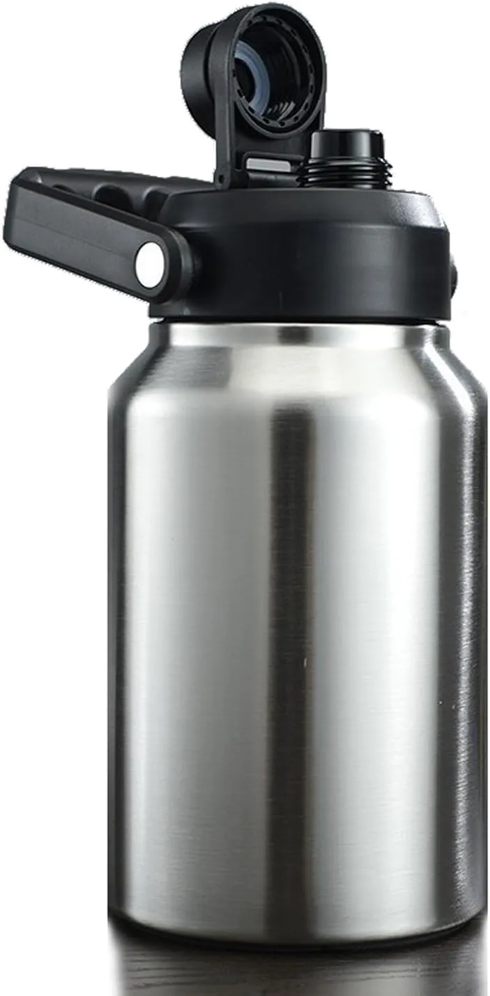64oz 128oz Wide Mouth Insulated Vacuum Water Bottle Jug With Handle, Gallon Stainless Steel Ice Bucket Travel Mug Large Sports Canteen (Stainless steel, 64oz)