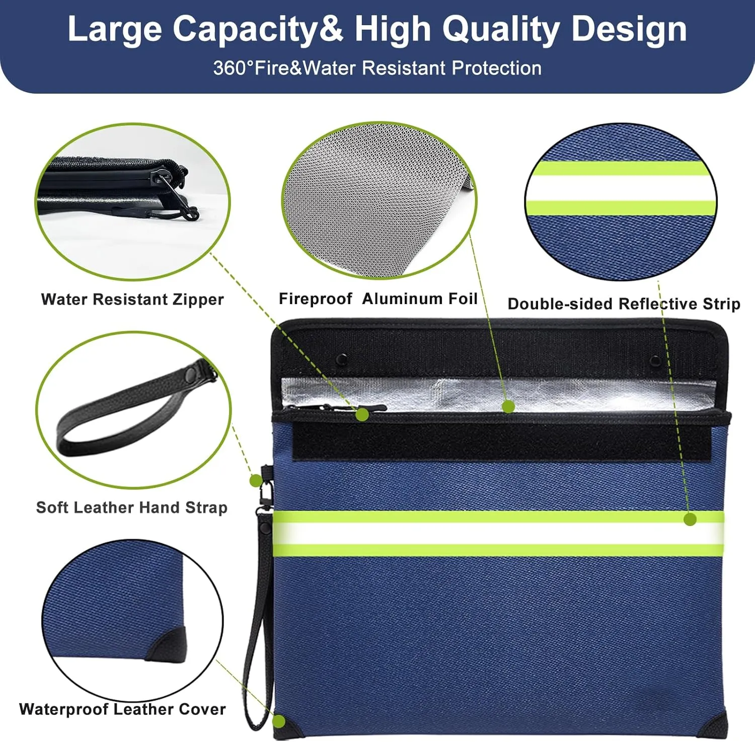 6500F Fireproof Document Bag with Lock, Waterproof, 10 Layers of Heat Insulated Materials, Blue, A4 Size, Compact Style, Polyester Material, 40 Sheet Capacity, 13.4''x9.9''
