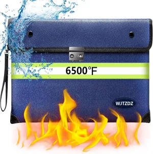 6500F Fireproof Document Bag with Lock, Waterproof, 10 Layers of Heat Insulated Materials, Blue, A4 Size, Compact Style, Polyester Material, 40 Sheet Capacity, 13.4''x9.9''