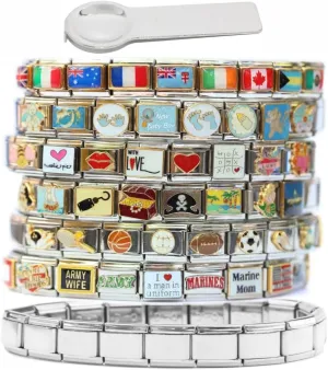 66 Assorted Italian Charms plus Shiny Starter Bracelet and Charm Tool Too - Create Custom 9mm Charm Bracelets