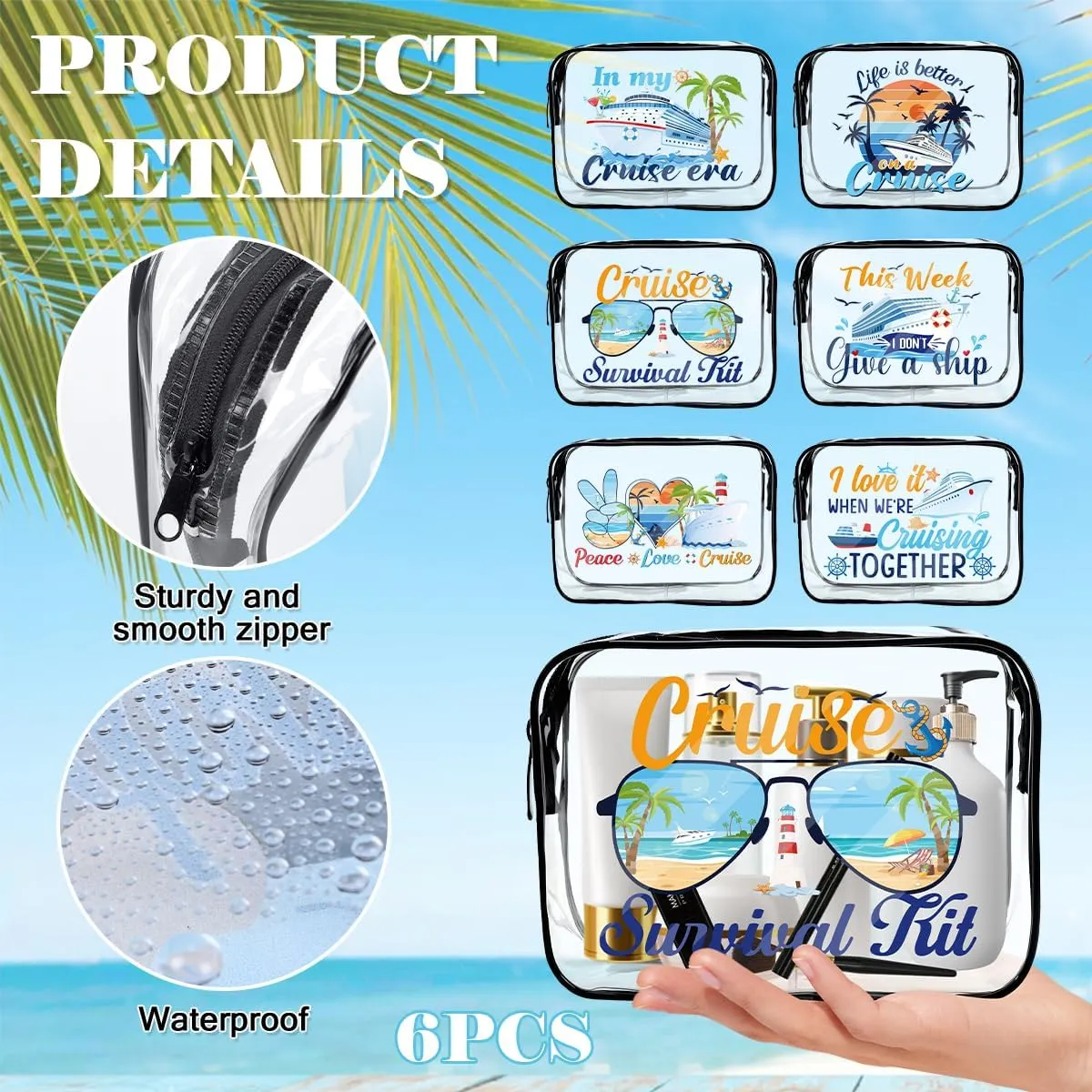 6PC Clear Cruise Makeup Bags Gifts for Women, Clear Beach Cosmetic Bag Cruise Ship Survival Kit Essentials, Travel PVC Waterproof Toiletry Bags for Girls Sister Daughter Nurse Teacher