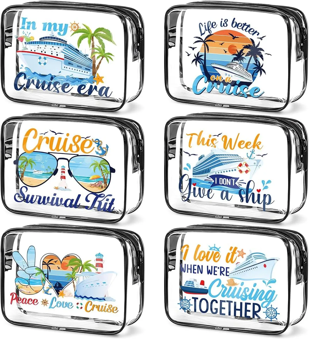 6PC Clear Cruise Makeup Bags Gifts for Women, Clear Beach Cosmetic Bag Cruise Ship Survival Kit Essentials, Travel PVC Waterproof Toiletry Bags for Girls Sister Daughter Nurse Teacher