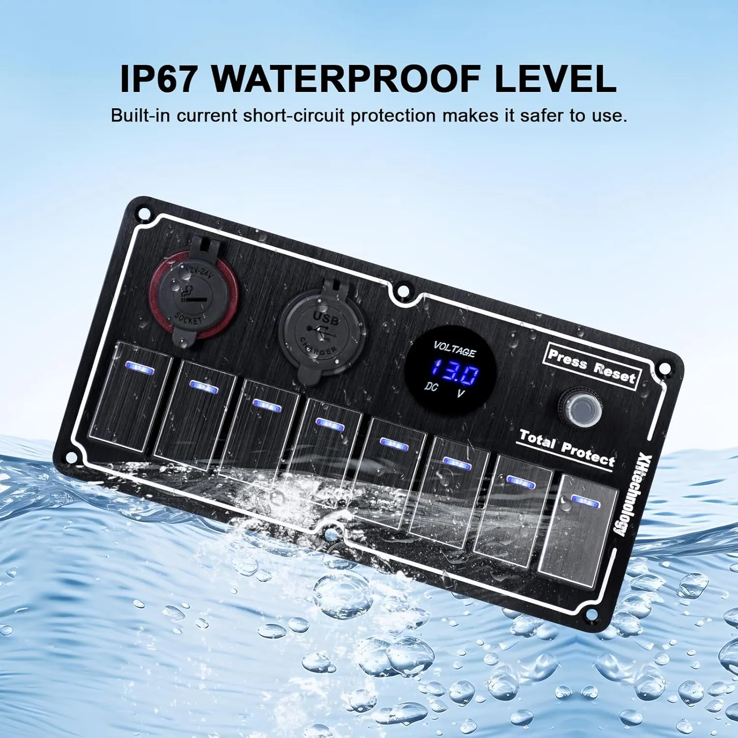 8 Gang Marine Rocker Switch Panel with 5v 1/2.1Amp Dual USB Charger Digital Voltmeter Lighter Socket Press Protector Waterproof Aluminum 12/24V Rocker Switch (Black, 8 Gang)