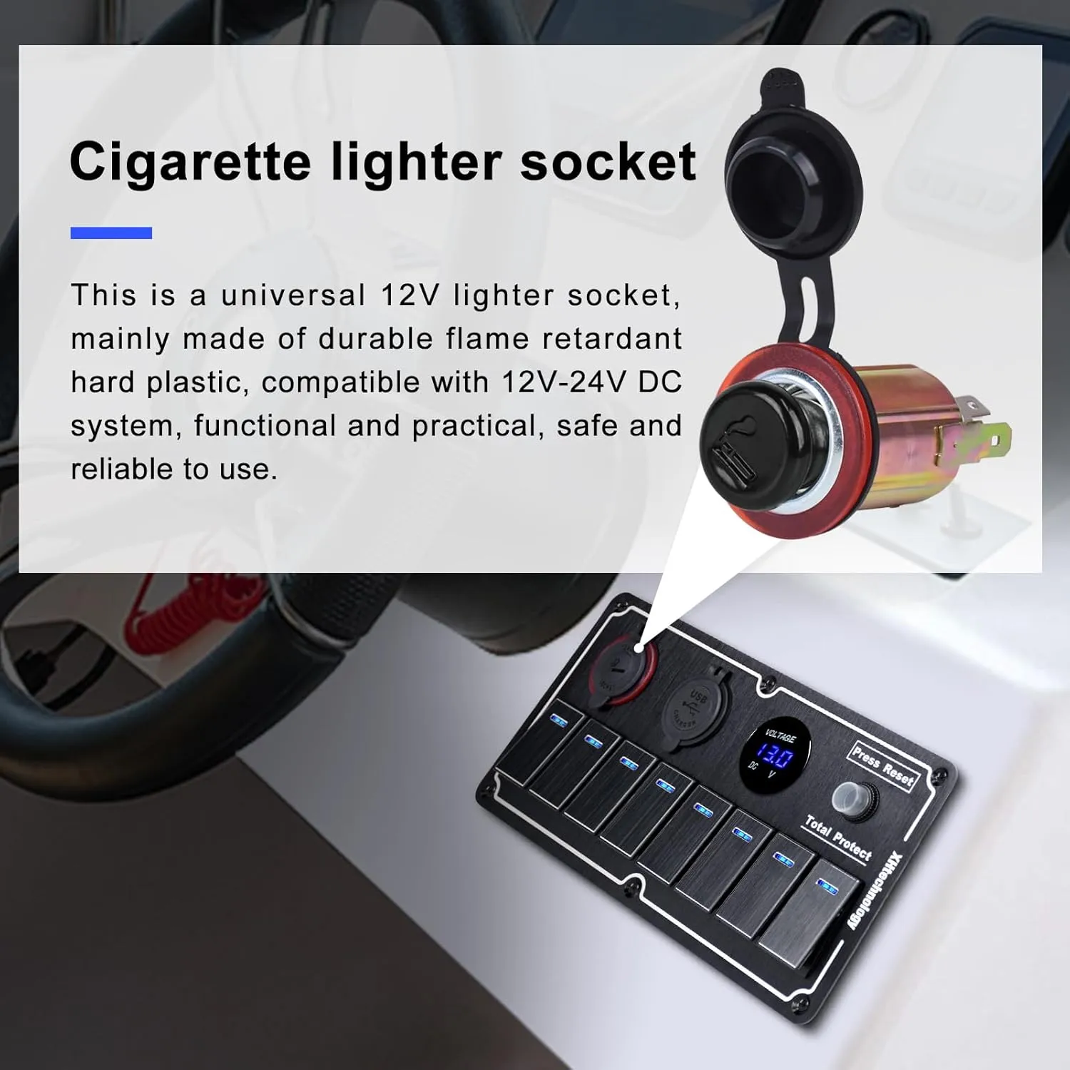 8 Gang Marine Rocker Switch Panel with 5v 1/2.1Amp Dual USB Charger Digital Voltmeter Lighter Socket Press Protector Waterproof Aluminum 12/24V Rocker Switch (Black, 8 Gang)