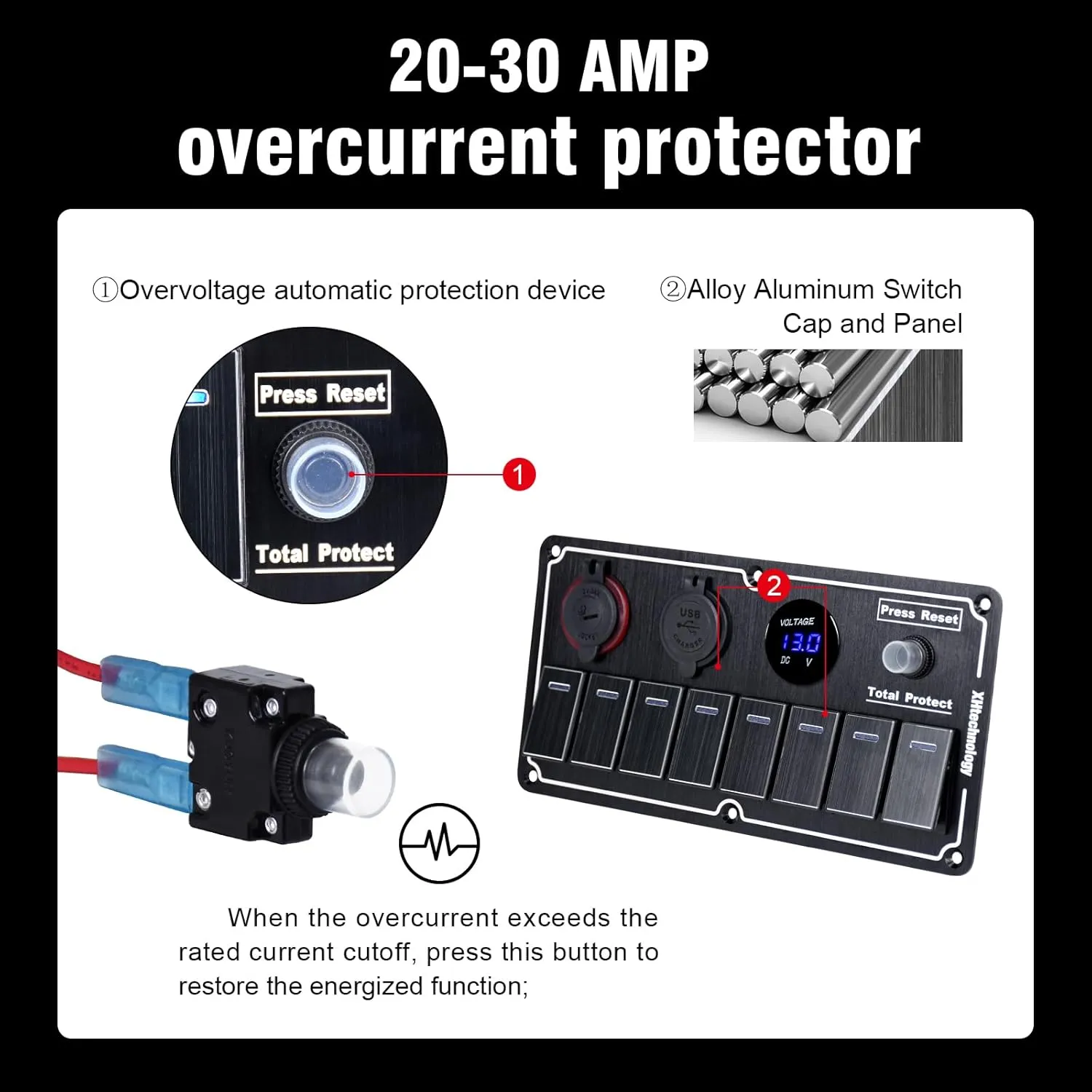 8 Gang Marine Rocker Switch Panel with 5v 1/2.1Amp Dual USB Charger Digital Voltmeter Lighter Socket Press Protector Waterproof Aluminum 12/24V Rocker Switch (Black, 8 Gang)