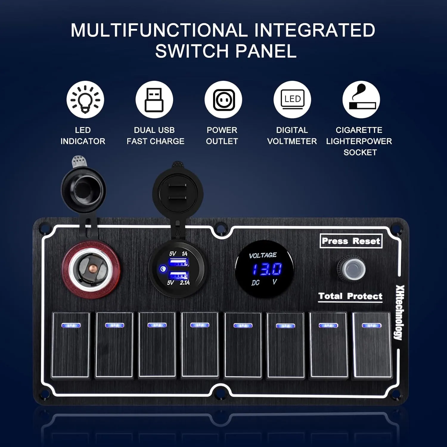 8 Gang Marine Rocker Switch Panel with 5v 1/2.1Amp Dual USB Charger Digital Voltmeter Lighter Socket Press Protector Waterproof Aluminum 12/24V Rocker Switch (Black, 8 Gang)