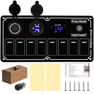 8 Gang Marine Rocker Switch Panel with 5v 1/2.1Amp Dual USB Charger Digital Voltmeter Lighter Socket Press Protector Waterproof Aluminum 12/24V Rocker Switch (Black, 8 Gang)