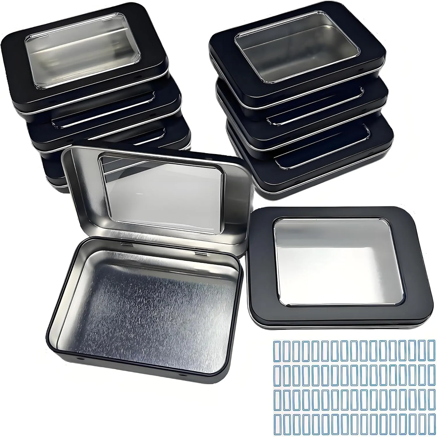 8 Pack Tin Container Box with Clear Window Lid - Compact,Versatile,Metal Storage Boxes for Everyday Use Small Tins Mint Candy box,Bead box,DIY tin Gift Packaging (Black, 8 Pcs 3.94 x 2.76 x 0.8 In)