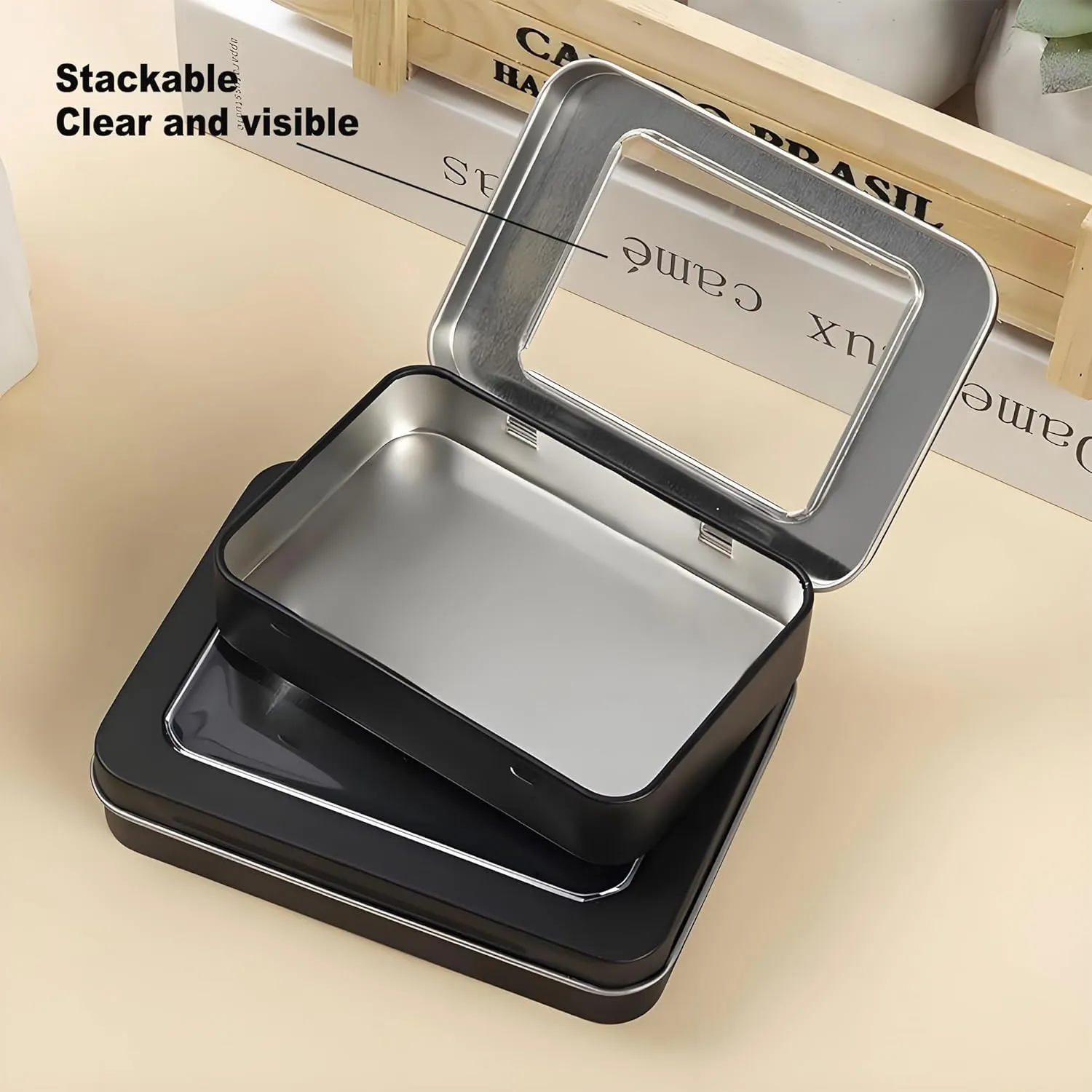 8 Pack Tin Container Box with Clear Window Lid - Compact,Versatile,Metal Storage Boxes for Everyday Use Small Tins Mint Candy box,Bead box,DIY tin Gift Packaging (Black, 8 Pcs 3.94 x 2.76 x 0.8 In)