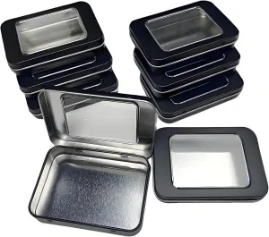 8 Pack Tin Container Box with Clear Window Lid - Compact,Versatile,Metal Storage Boxes for Everyday Use Small Tins Mint Candy box,Bead box,DIY tin Gift Packaging (Black, 8 Pcs 3.94 x 2.76 x 0.8 In)