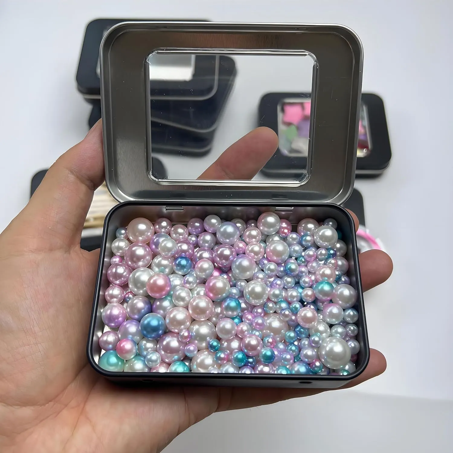 8 Pack Tin Container Box with Clear Window Lid - Compact,Versatile,Metal Storage Boxes for Everyday Use Small Tins Mint Candy box,Bead box,DIY tin Gift Packaging (Black, 8 Pcs 3.94 x 2.76 x 0.8 In)